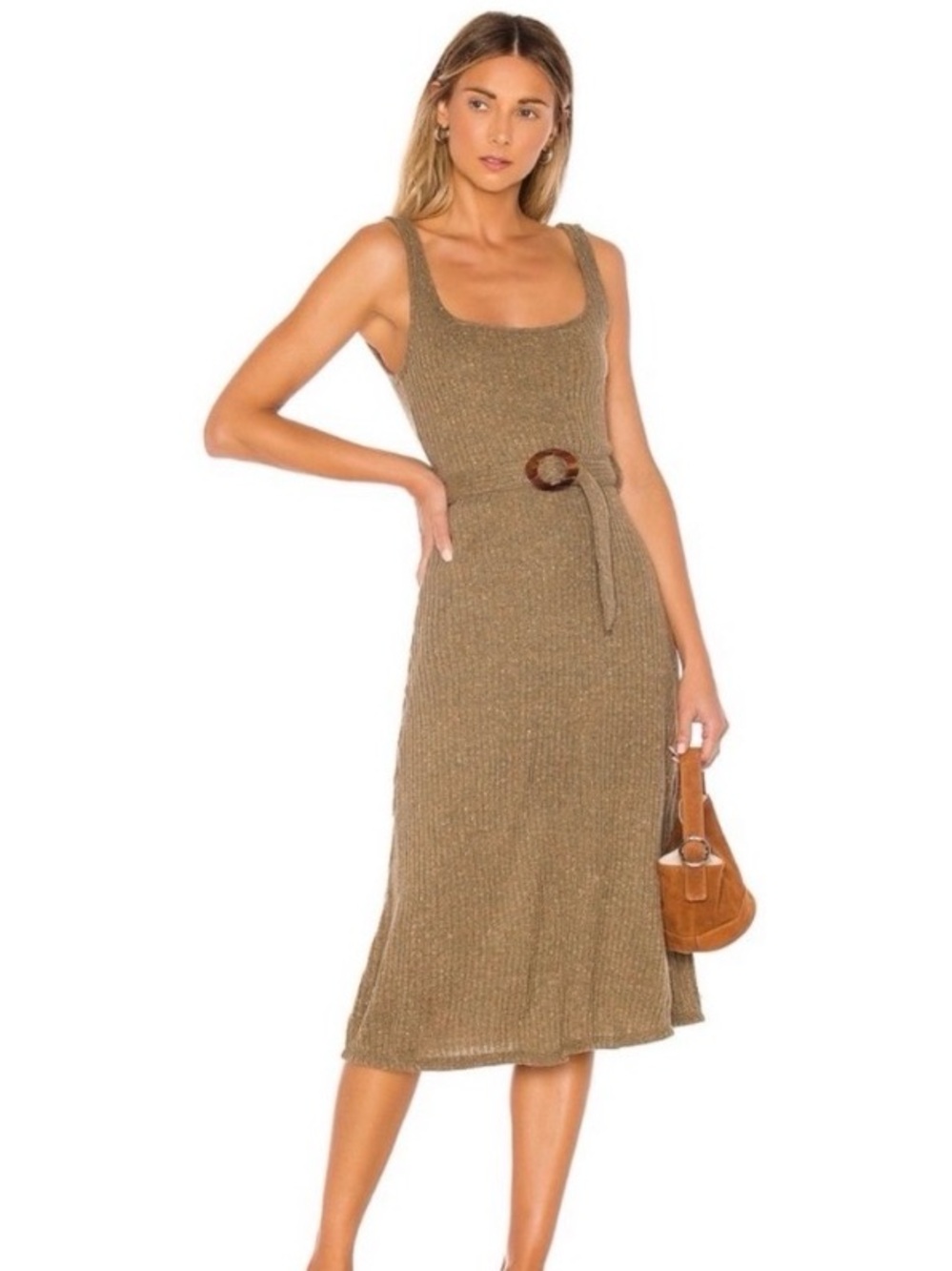 MAJORELLE Sleeveless Knit Midi Dress in Taupe Brown with Belt 🤎 NWT